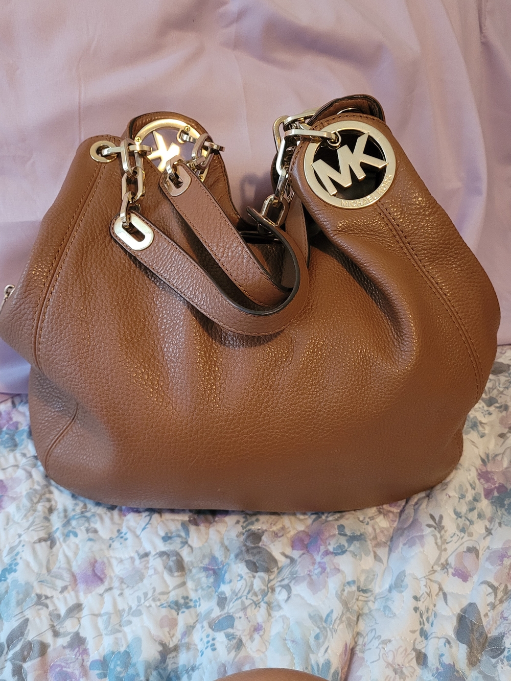 Michael Kors Fulton Large Pebbled Leather Hobo Shoulder Bag Brown Gold Chain MK